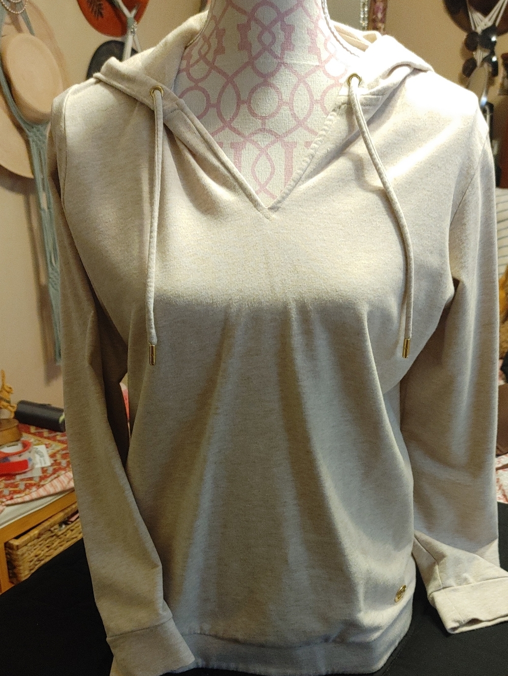 Michael Kors Beige Drawstring Hooded Pullover Sweatshirt